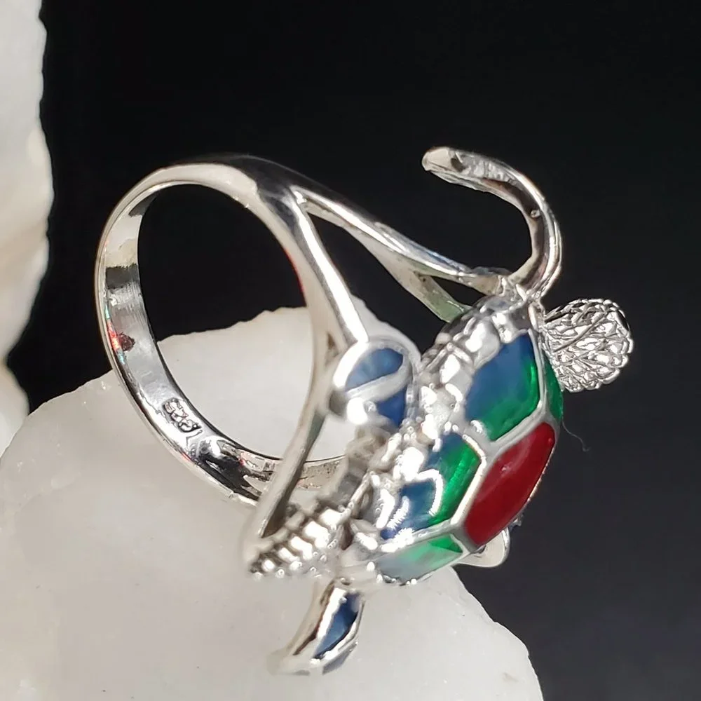 Solid Sterling Silver 925 Ring Turtle Hand Enameled Designer Jewelry